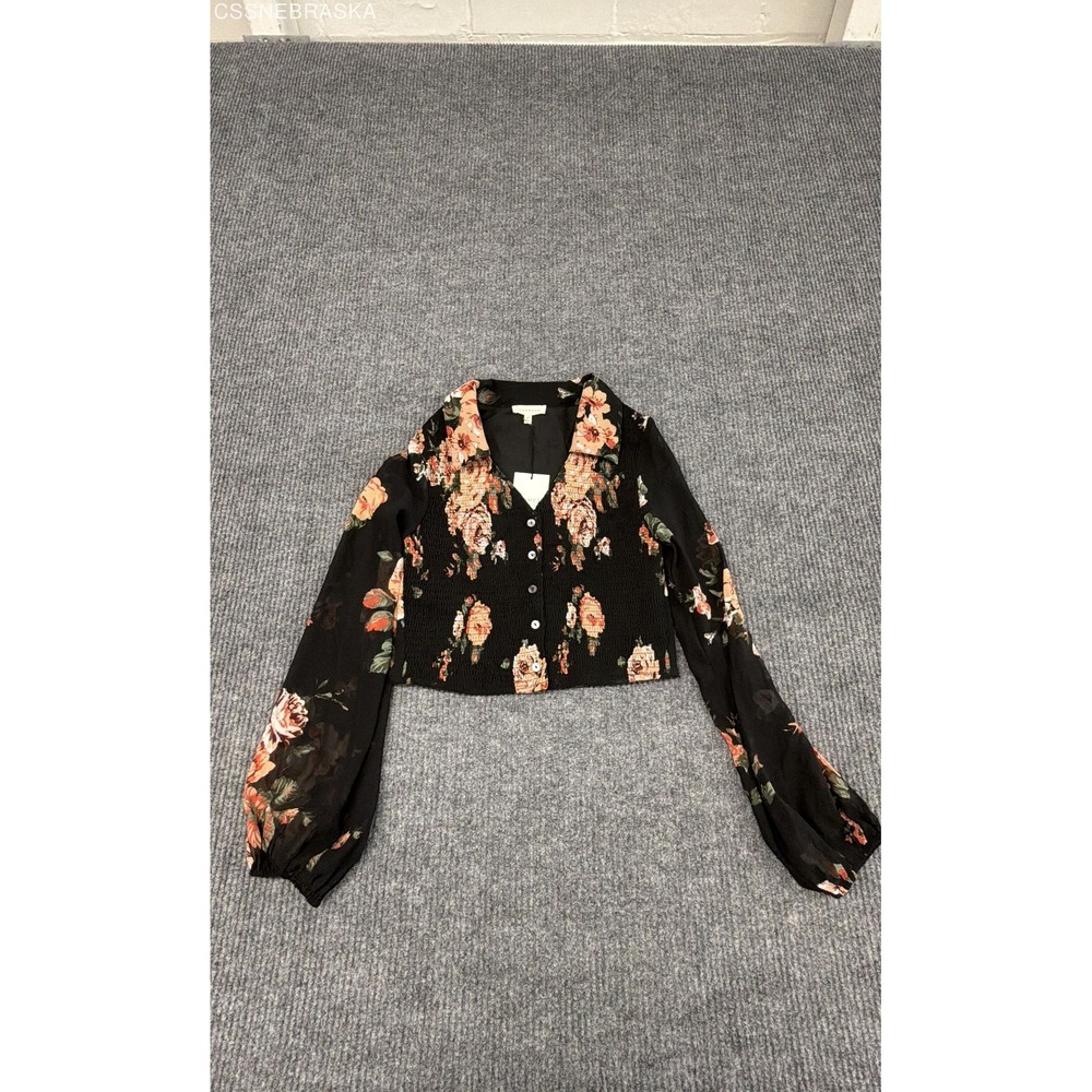 Promesa Women's Black Floral Cropped Smocked Button Front Blouse Top NWT Sz M
